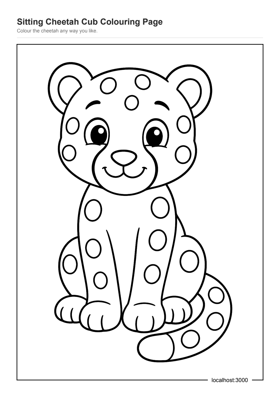 Full preview of the Sitting Cheetah Cub Colouring Page worksheet