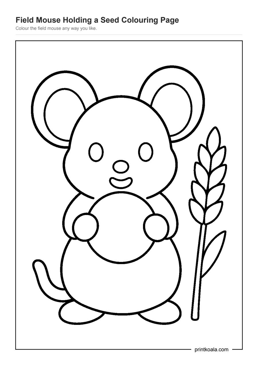 Full preview of the Field Mouse Holding a Seed Colouring Page worksheet