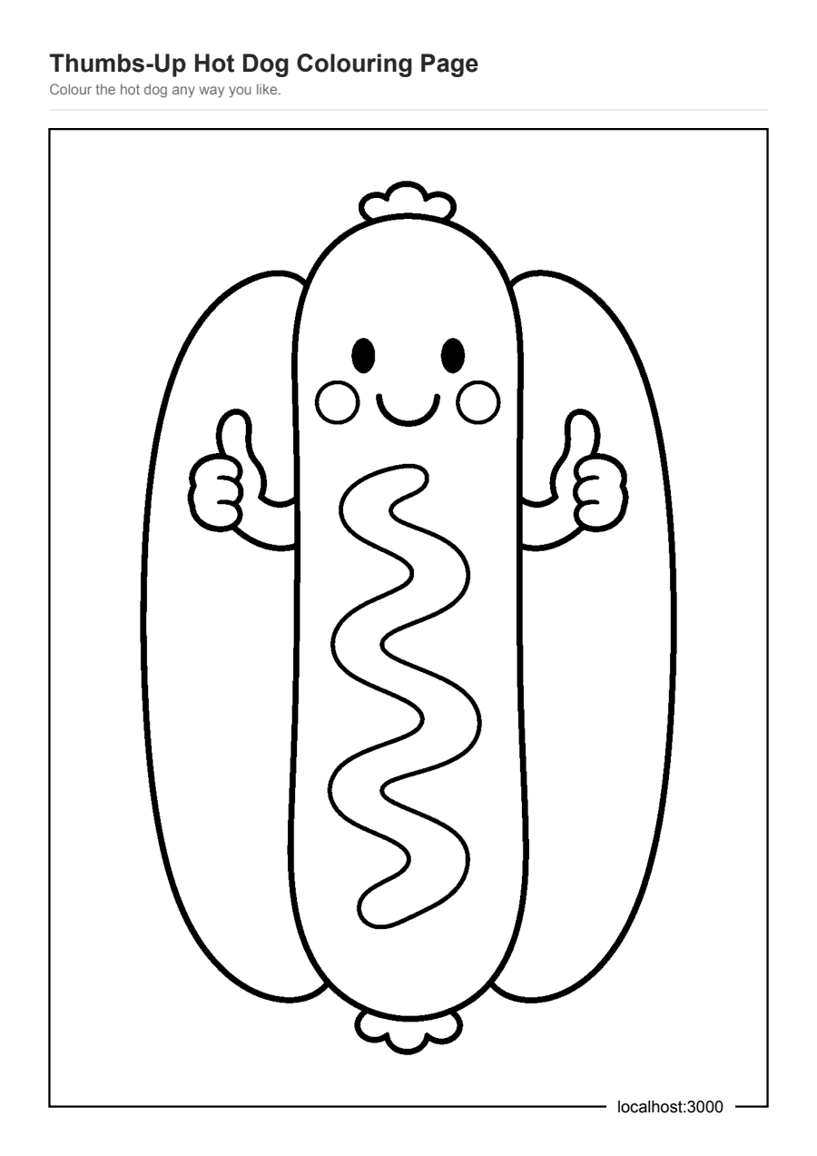 Full preview of the Thumbs-Up Hot Dog Colouring Page worksheet