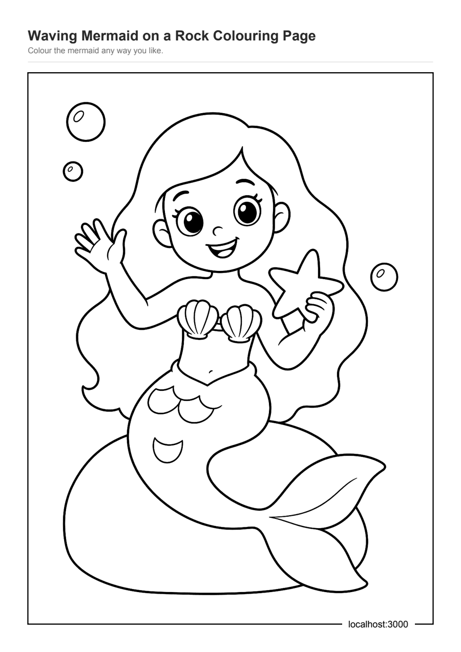 Full preview of the Waving Mermaid on a Rock Colouring Page worksheet