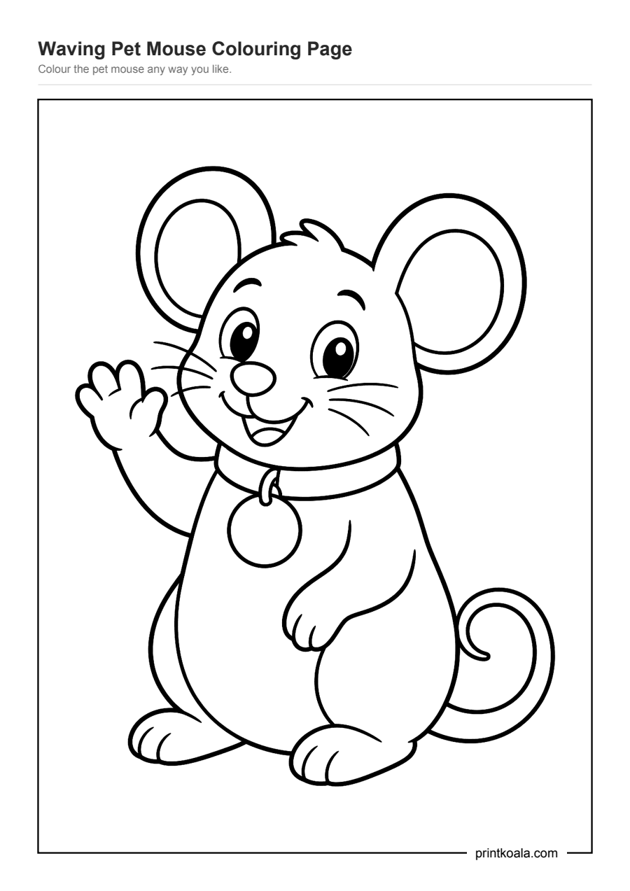Full preview of the Waving Pet Mouse Colouring Page worksheet