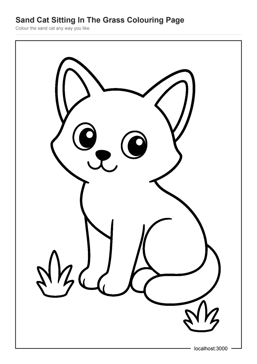 Full preview of the Sand Cat Sitting In The Grass Colouring Page worksheet