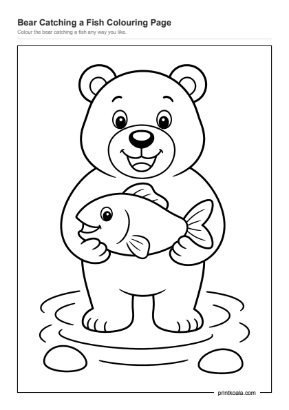 Preview of the Bear Catching a Fish Colouring Page printable worksheet