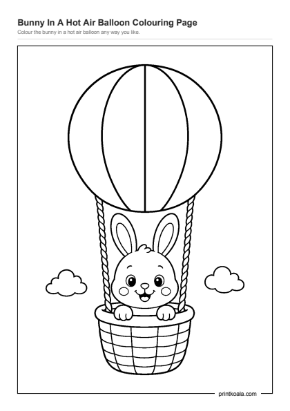 Preview of the Bunny In A Hot Air Balloon Colouring Page printable worksheet