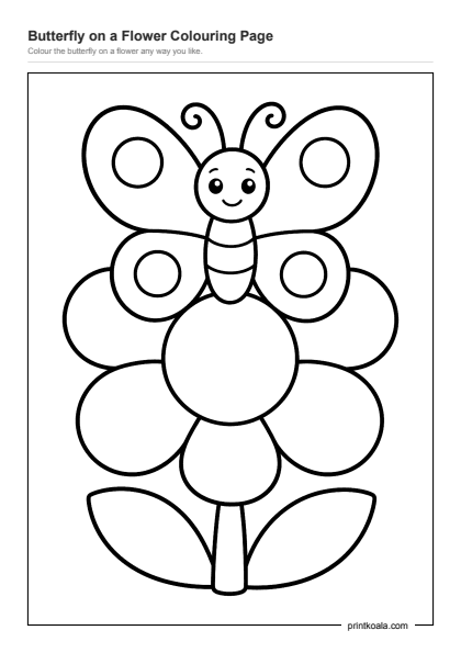 Preview of the Butterfly on a Flower Colouring Page printable worksheet