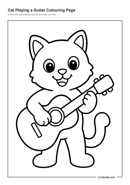 Preview of the Cat Playing a Guitar Colouring Page printable worksheet