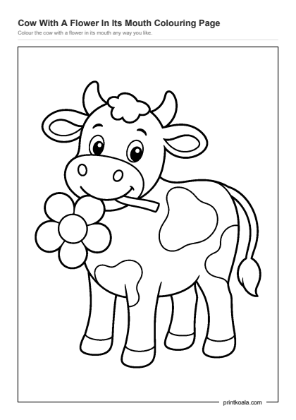Preview of the Cow With A Flower In Its Mouth Colouring Page printable worksheet