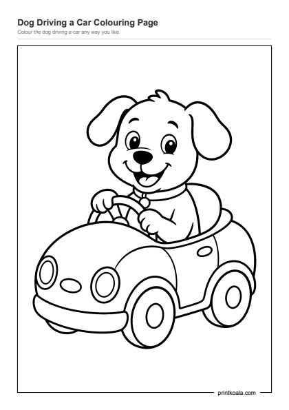 Preview of the Dog Driving a Car Colouring Page printable worksheet