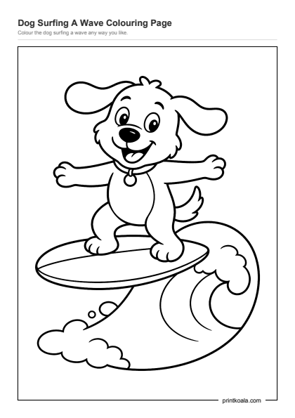 Preview of the Dog Surfing A Wave Colouring Page printable worksheet