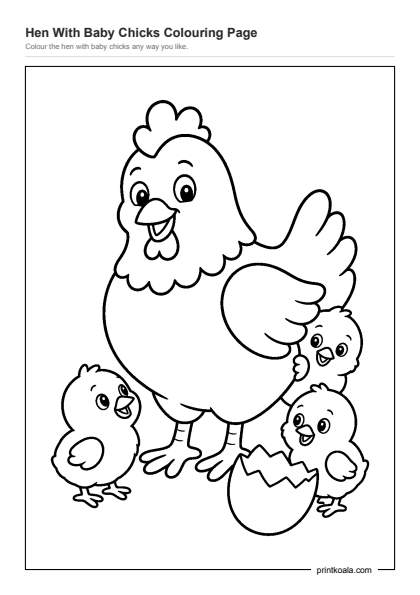 Preview of the Hen With Baby Chicks Colouring Page printable worksheet