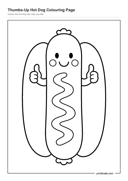 Preview of the Thumbs-Up Hot Dog Colouring Page printable worksheet