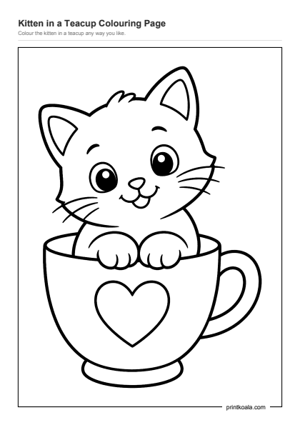 Preview of the Kitten in a Teacup Colouring Page printable worksheet