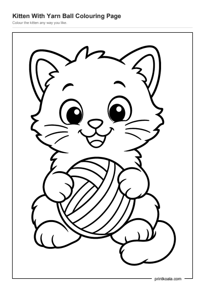 Preview of the Kitten With Yarn Ball Colouring Page printable worksheet