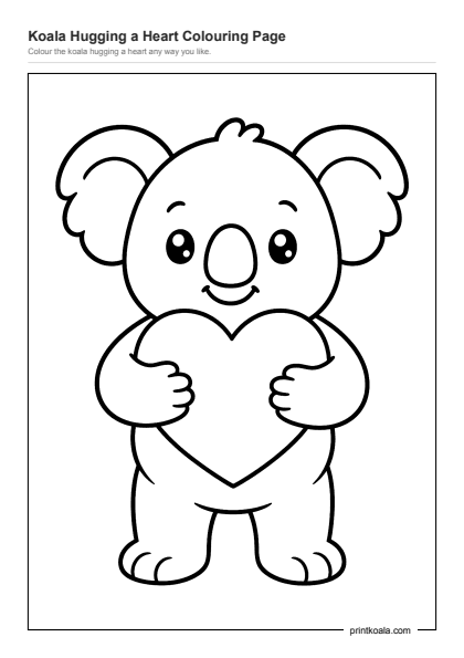 Preview of the Koala Hugging a Heart Colouring Page printable worksheet