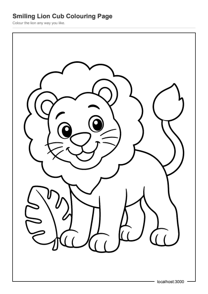 Preview of the Smiling Lion Cub Colouring Page printable worksheet