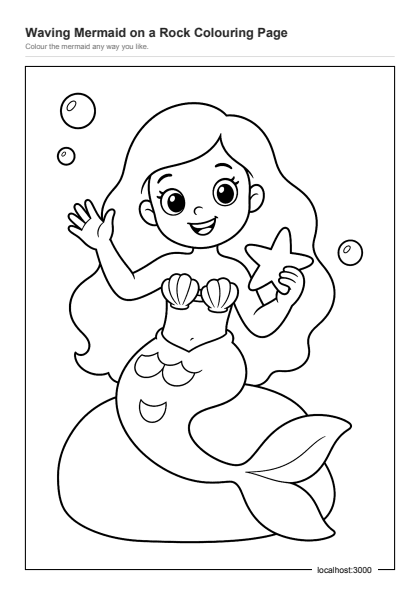 Preview of the Waving Mermaid on a Rock Colouring Page printable worksheet