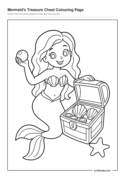 Preview of the Mermaid's Treasure Chest Colouring Page printable worksheet