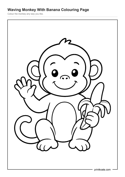 Preview of the Waving Monkey With Banana Colouring Page printable worksheet