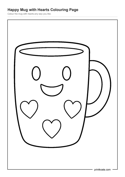 Preview of the Happy Mug with Hearts Colouring Page printable worksheet