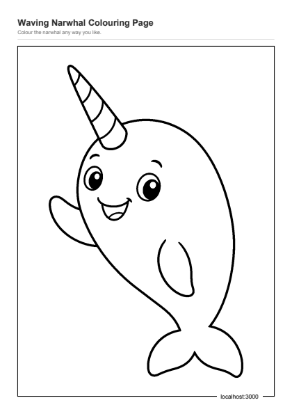 Preview of the Waving Narwhal Colouring Page printable worksheet