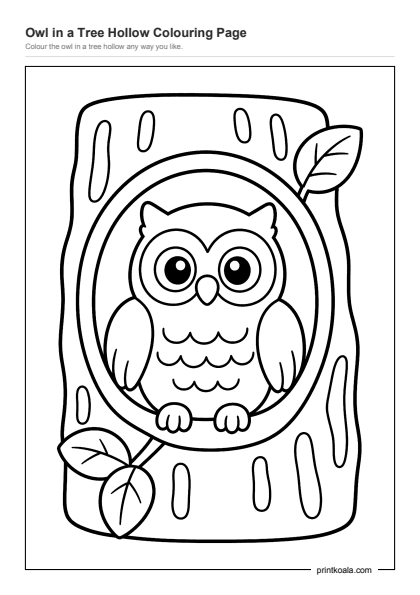 Preview of the Owl in a Tree Hollow Colouring Page printable worksheet
