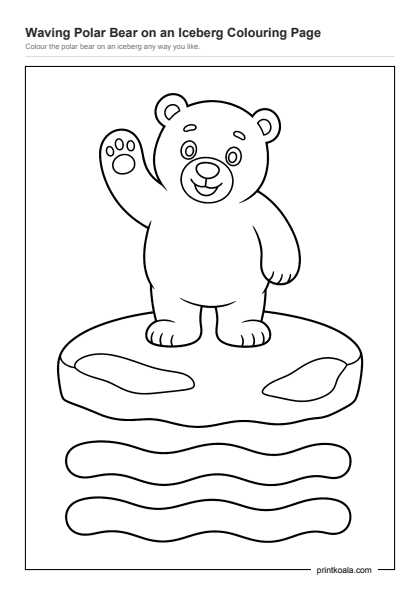 Preview of the Waving Polar Bear on an Iceberg Colouring Page printable worksheet