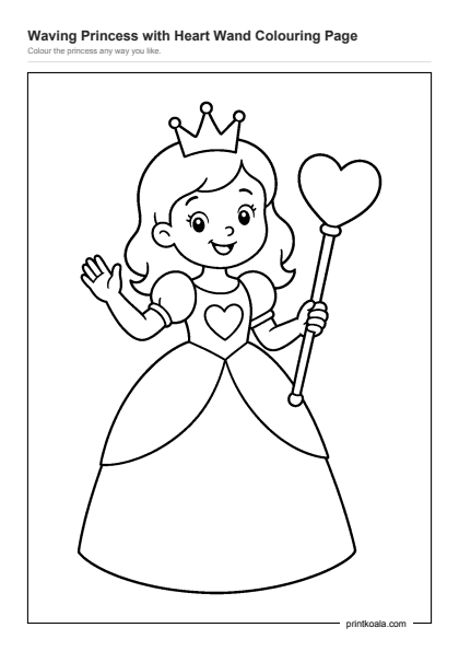 Preview of the Waving Princess with Heart Wand Colouring Page printable worksheet