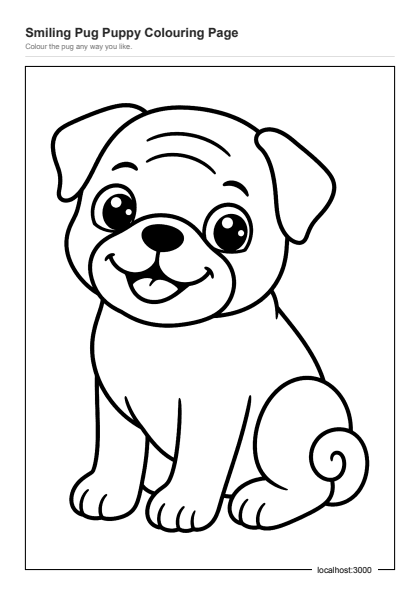 Preview of the Smiling Pug Puppy Colouring Page printable worksheet
