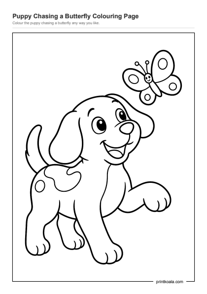 Preview of the Puppy Chasing a Butterfly Colouring Page printable worksheet