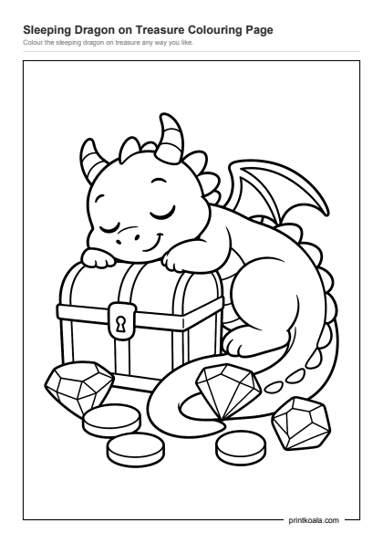 Preview of the Sleeping Dragon on Treasure Colouring Page printable worksheet
