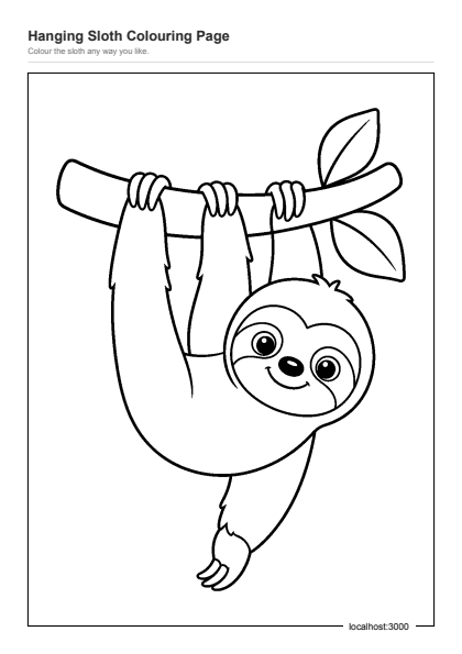 Preview of the Hanging Sloth Colouring Page printable worksheet