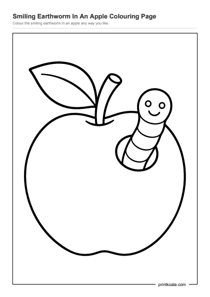 Preview of the Smiling Earthworm In An Apple Colouring Page printable worksheet