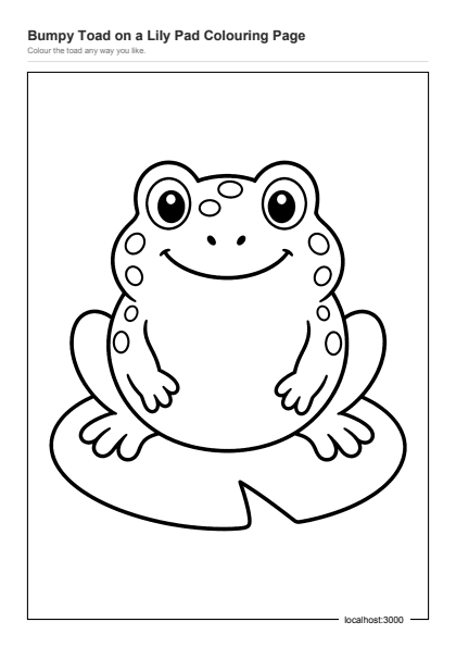Preview of the Bumpy Toad on a Lily Pad Colouring Page printable worksheet
