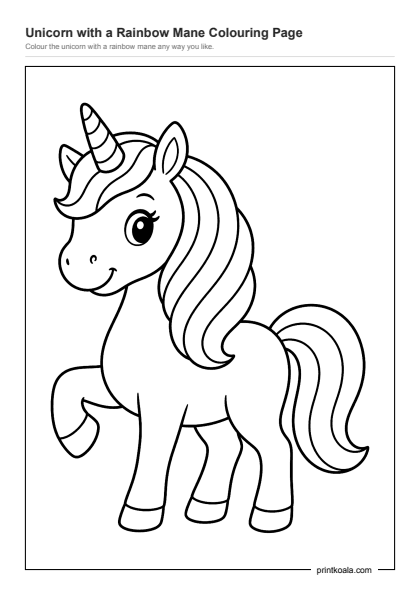 Preview of the Unicorn with a Rainbow Mane Colouring Page printable worksheet