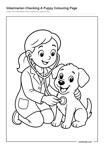 Preview of the Veterinarian Checking A Puppy Colouring Page printable worksheet