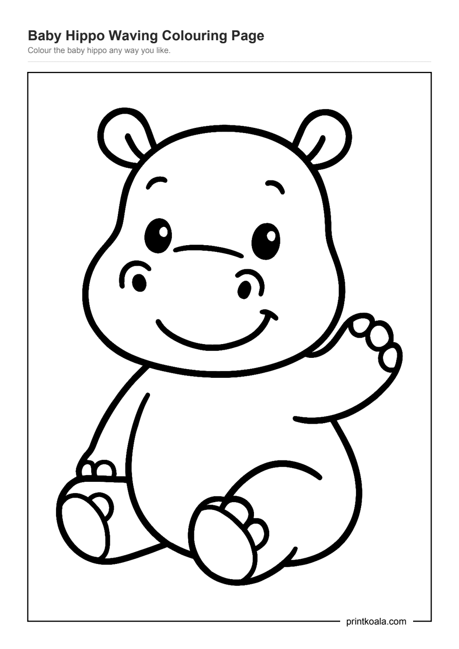 Full preview of the Baby Hippo Waving Colouring Page worksheet