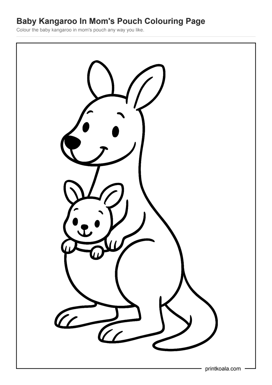 Full preview of the Baby Kangaroo In Mom's Pouch Colouring Page worksheet