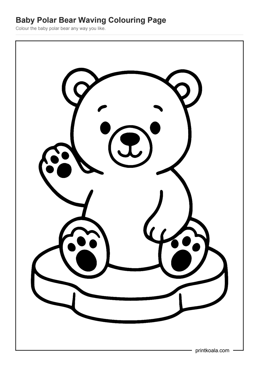 Full preview of the Baby Polar Bear Waving Colouring Page worksheet