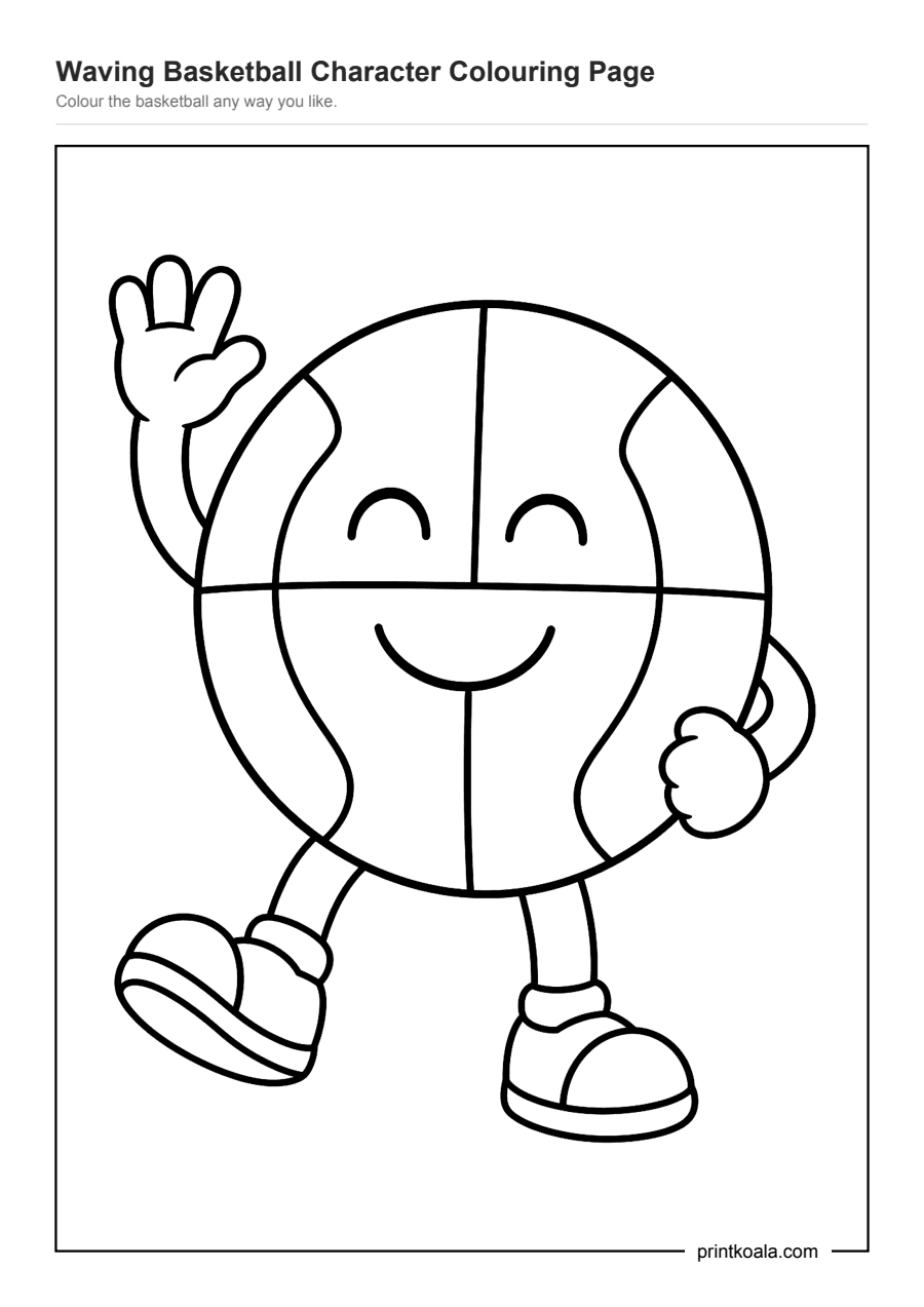 Full preview of the Waving Basketball Character Colouring Page worksheet