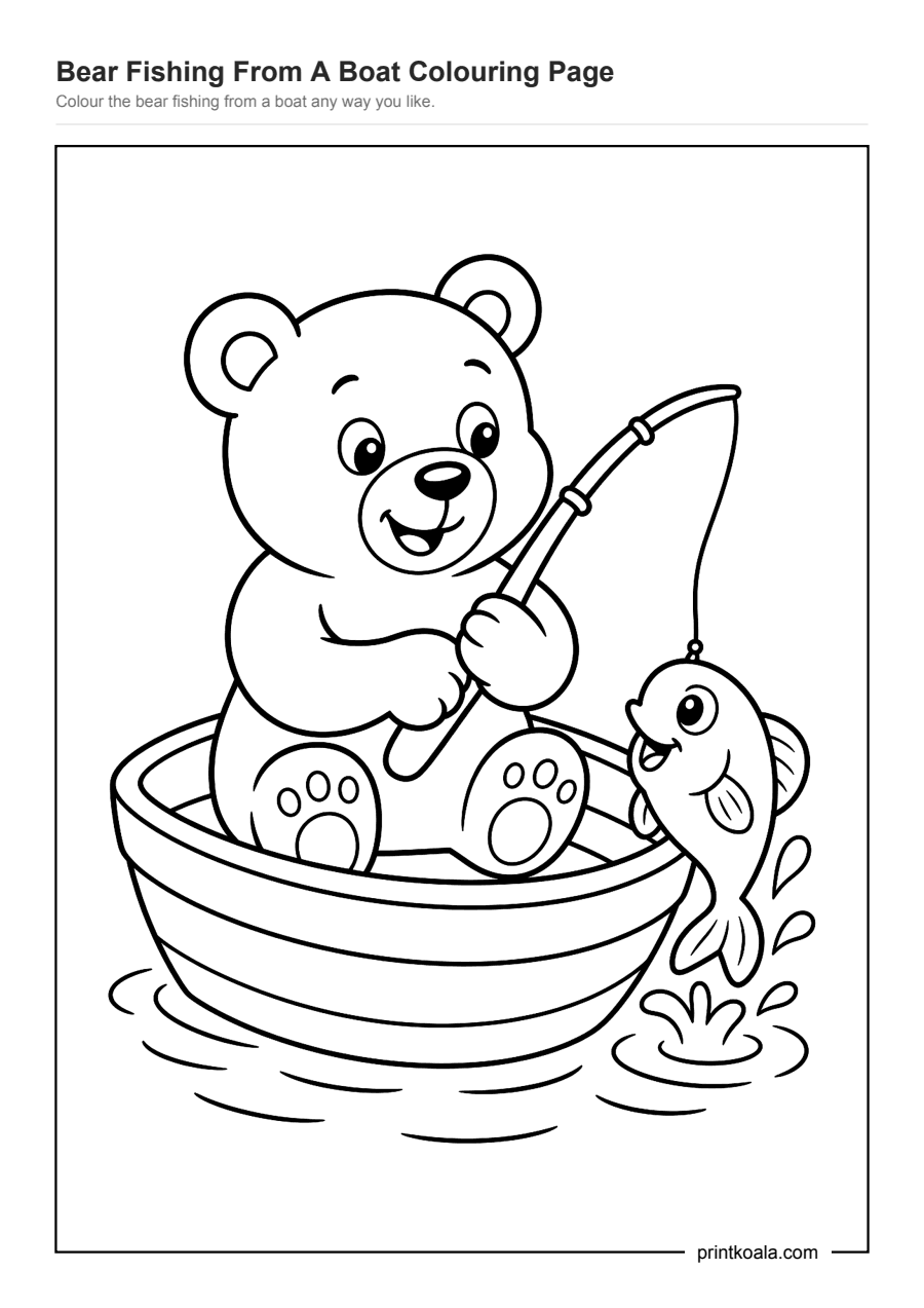 Full preview of the Bear Fishing From A Boat Colouring Page worksheet