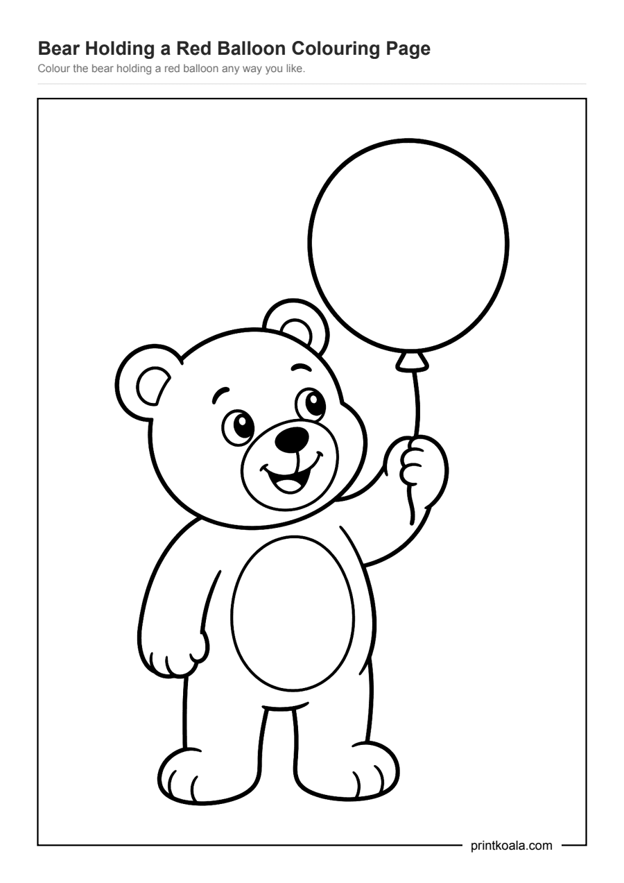 Full preview of the Bear Holding a Red Balloon Colouring Page worksheet