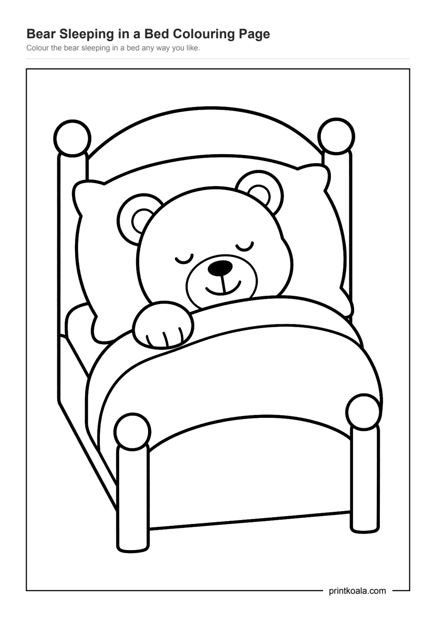 Full preview of the Bear Sleeping in a Bed Colouring Page worksheet