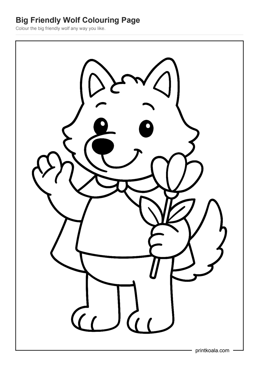 Full preview of the Big Friendly Wolf Colouring Page worksheet