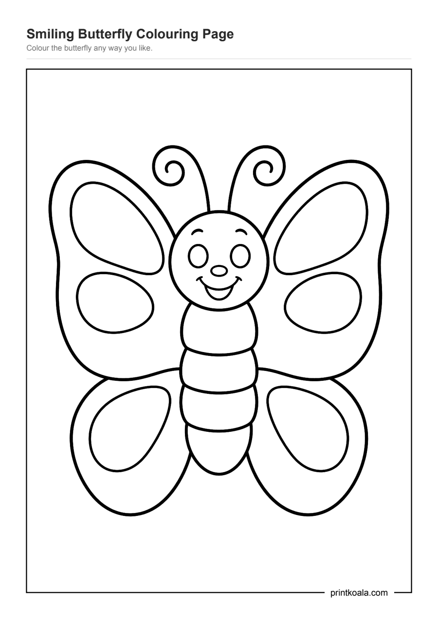 Full preview of the Smiling Butterfly Coloring Page worksheet