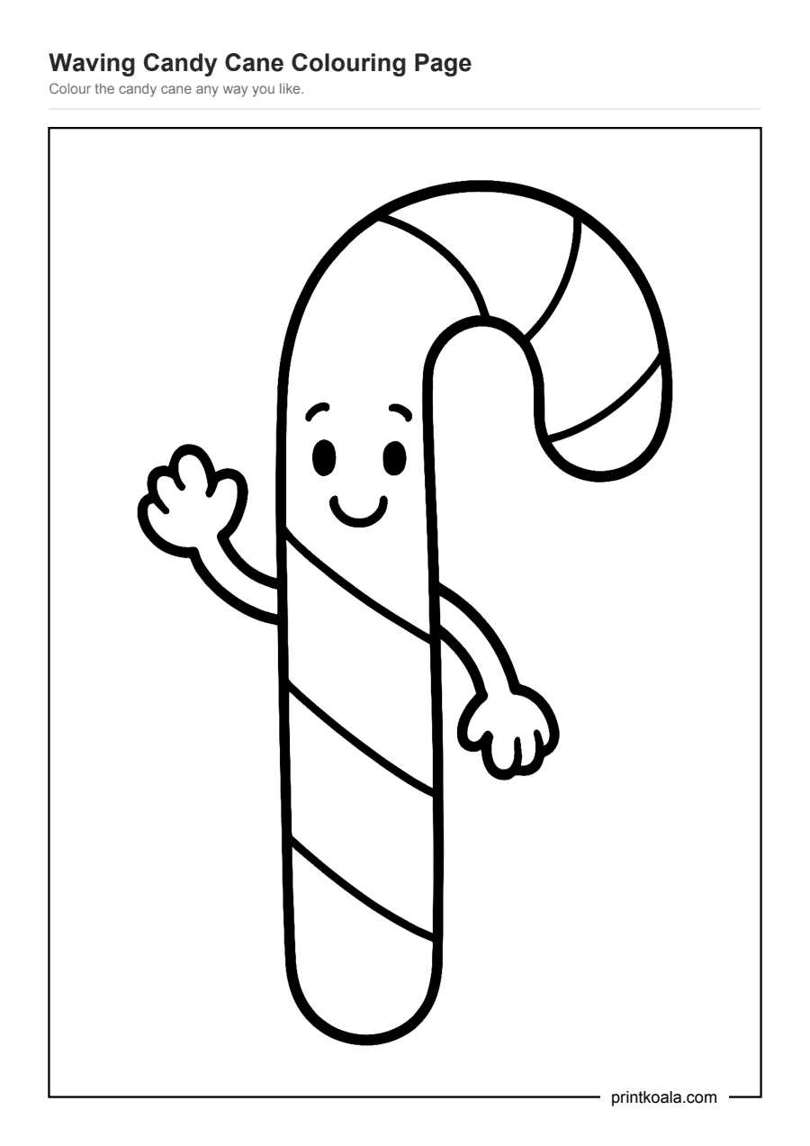 Full preview of the Waving Candy Cane Colouring Page worksheet