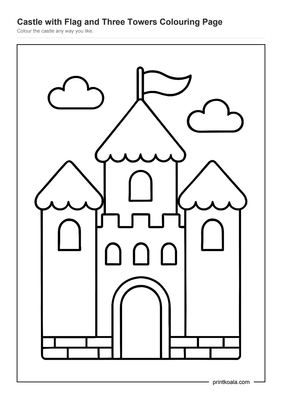 Full preview of the Castle with Flag and Three Towers Colouring Page worksheet