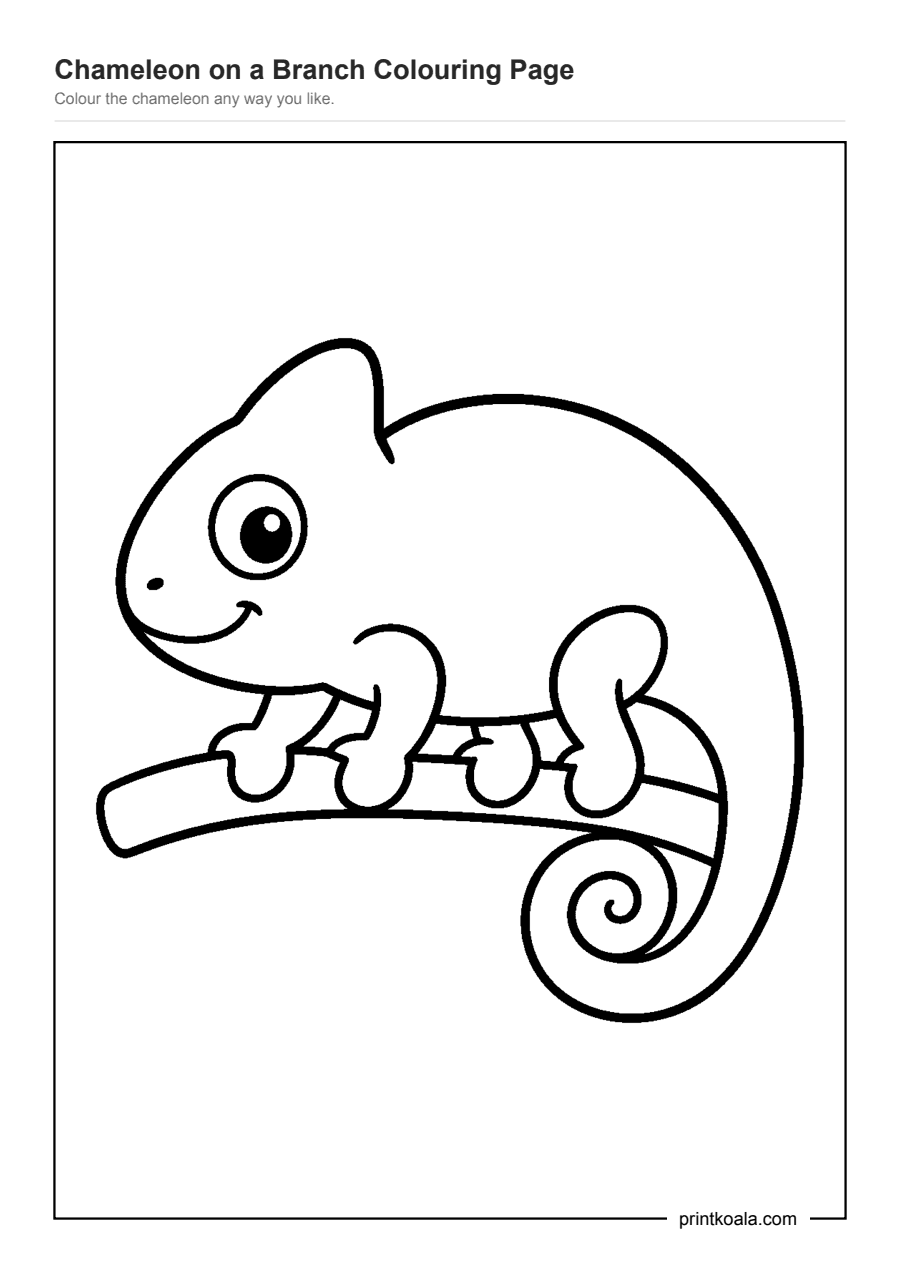 Full preview of the Chameleon on a Branch Colouring Page worksheet
