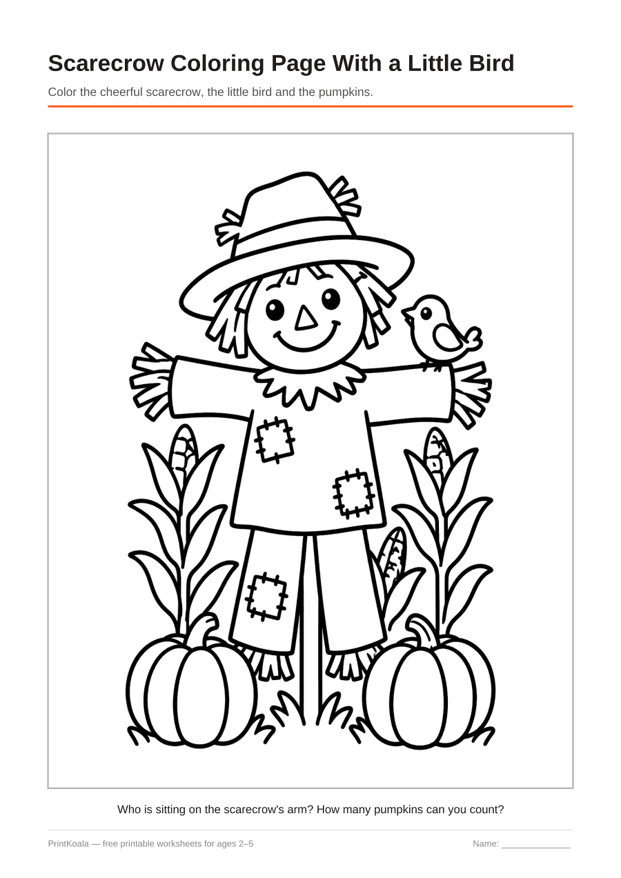 Full preview of the Scarecrow Coloring Page With a Little Bird worksheet