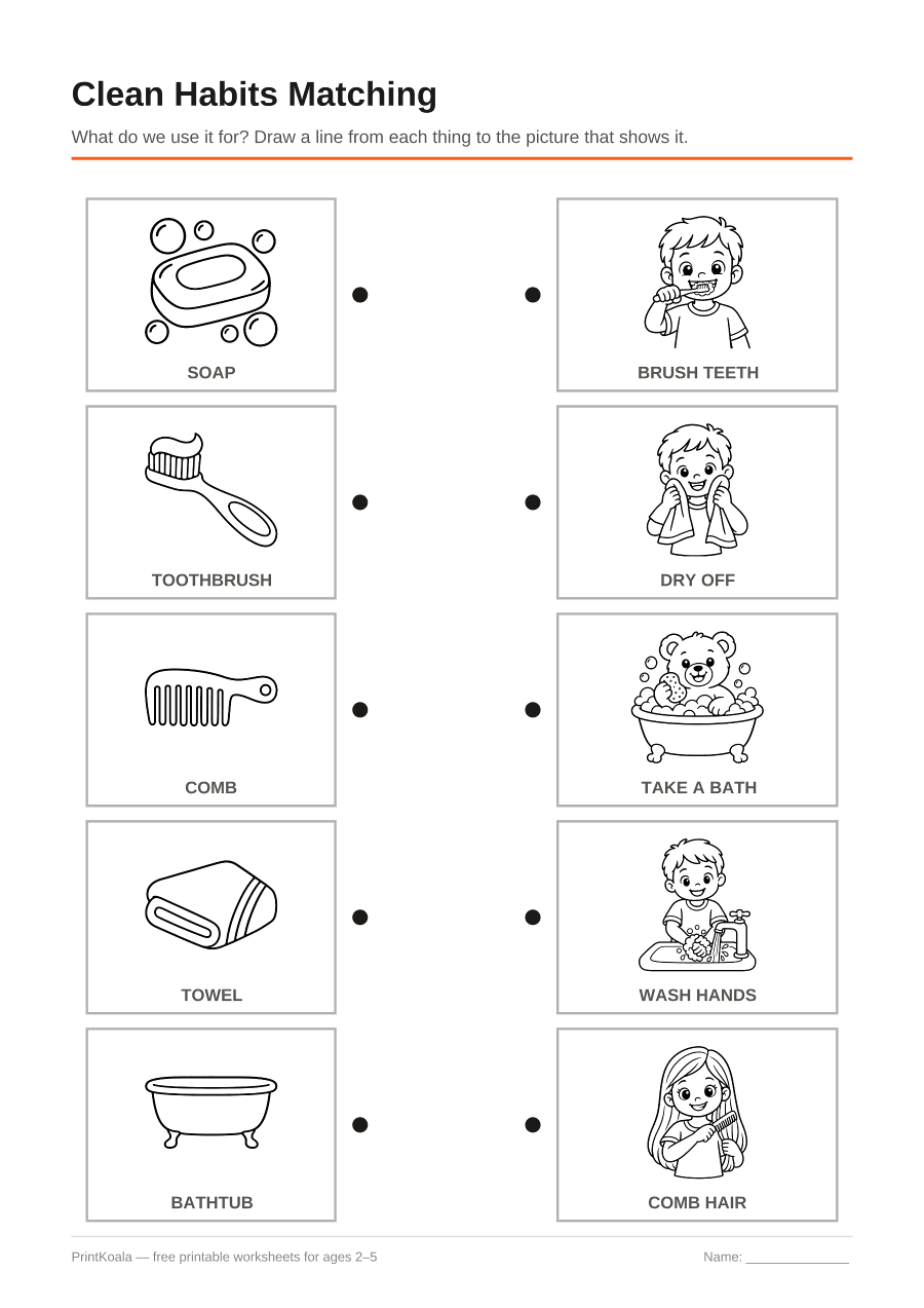 Full preview of the Clean Habits Matching worksheet