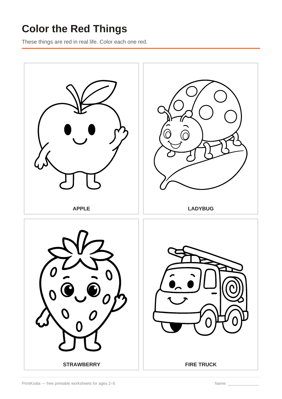 Full preview of the Color the Red Things worksheet